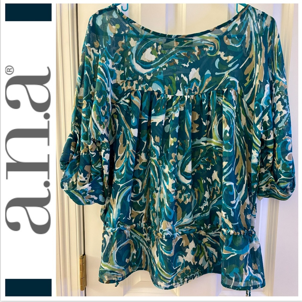 a.n.a. Blouse Green Cream Ruffle drawstring babydoll XL sheer casual lightweight